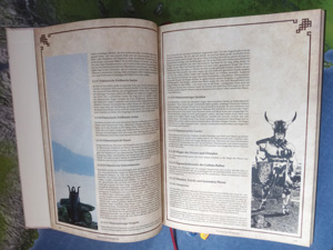 Links ist auf den Buchseiten eine Hexe des Bergvolks abgebildet, rechts steht ein kampfbereiter Minotaurus.