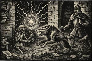 Illustration zum Abenteuer Verrückte Zeiten – eine Magierin zerfällt zu Staub, während eine magische Lichtkugel durch den alten Stadtmauerturm schwebt und einen ausgestopften Wolf zum Leben erweckt.