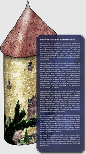 Illustration eines Stadtmauertums, davor ein blau unterlegter Text