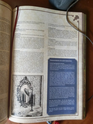 Das Foto der Seite 101 aus DAS BUCH DER KÖNIGREICHE zeigt neben einer Illustration und kurzen Texten einen blau gekennzeichneten Abschnitt mit einer fluffigen Ortbeschreibung.