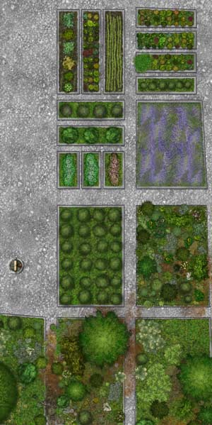 Pen-and-Paper Karte des überwucherten Kräutergartens von Gilias Haus der Heilung mit Klostergarten-Charakter aus dem Rollenspiel Abenteuer 'Laudatio auf einen Melancholiker'