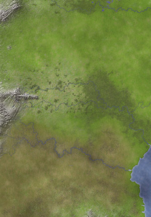 Pen-and-Paper Karte mit dem Tíras-Fluss, Grassteppe, Gebirgen, zerklüftetem Gelände, großem Wald und verdorbener Region Lohende Lande im Süden