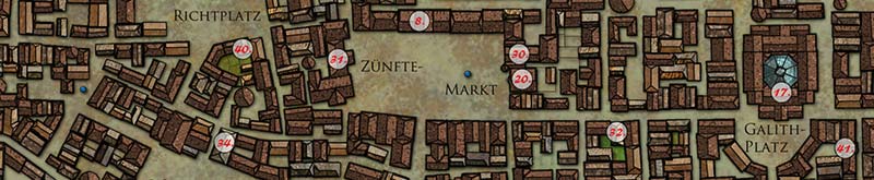 Stadtkarte von Teros mit Zünftemarkt, Galith-Platz, Haupttempel, Richtplatz und öffentlichen Brunnen