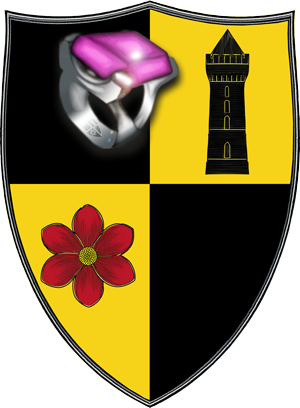Ring mit Familienwappen Ulranor und ein Schild mit identischem Wappen – Requisiten aus dem Abenteuer „Verrückte Zeiten“ des Pen-and-Paper-Kompendiums Das Buch der Königreiche