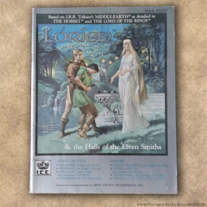 Titelbild des MERS-Hefts Lórien & the Halls of the Elven Smiths aus dem Jahr 1986 mit Galadriel, die einen Verwundeten heilt.