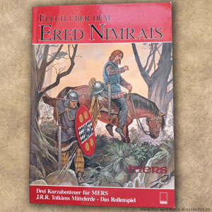 Cover des MERS-Abenteuers Fluch über dem Ered Nimrais – zwei Krieger, einer zu Pferd, durchqueren ein zerklüftetes Wald- und Geröllgelände.