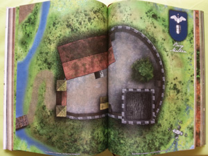 Die Karte zeigt die Draufsicht auf die Burg Mathan in Sandheim und das Wappen des Bannerherrn Girion Mathan.