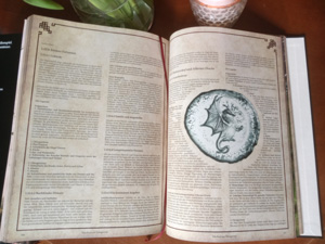 Auf der Abbildung ist eine Buchseite mit einer Silbermünze mit der Prägung eines Drachen zu sehen.