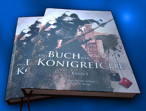 Zwei Bücherstapel: rechts der erste Band, links der zweite Band von DAS BUCH DER KÖNIGREICHE, zweite überarbeitete Auflage.