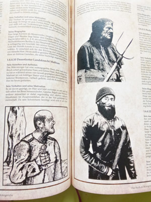 Das Bild aus dem Rollenspielbuch zeigt den bösartigen Gesetzlosen Mathian, dessen Gesicht von Kämpfen gezeichnet ist, sowie Illustrationen zweier seiner Spießgesellen.
