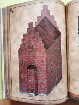 Die Doppelseite aus dem Pen-and-Paper Buch zeigt eine Ansicht und einen Grundriss eines riesigen Kontors.