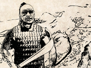 Die Abbildung aus DAS BUCH DER KÖNIGREICHE zeigt einen mit Panzerhemd und Krummschwert gerüsteten Bergkrieger.
