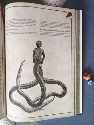 Die Zeichnung aus DAS BUCH DER KÖNIGREICHE zeigt das in der Tiefsee lebende Monster Wardis - vollständig blass geschuppt und schleimig ist der kalte, nasse Leib der skurrilen schimärischen und androgynen Gestalt.