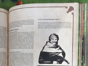 Das Porträt auf dem Druckbogen zeigt den NSC Aneta Valerio, eine Gauklerin aus dem Pen-and-Paper Buch.