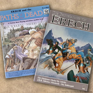 Die Abbildung zeigt die unterschiedlichen Titelmotive des MERS-Abenteuers Die Geisterarmee von Erech - amerikanische und deutsche Version.