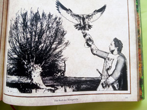 Die Buchillustration zeigt den Bannerherrn Girion Mathan auf der Jagd mit seinem Falken.