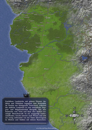 Das Bild zeigt die Landkarte des Königreichs Teros-Saral mit ihrer nördlichen und südlichen Provinz und geographischen Besonderheiten.