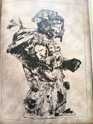 Die Illustration aus DAS BUCH DER KÖNIGREICHE zeigt einen Waldtroll, um dessen Hals drei menschliche Totenschädel baumeln.