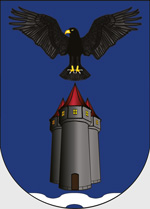 Das Wappen des Geschlechts zeigt eine Stadtburg unter einem Bergadler vor einem Fluss auf blauem Grund.