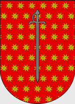 Das Wappen der Familie Anagon zeigt einen Degen und gelbe Blüten auf rotem Grund.