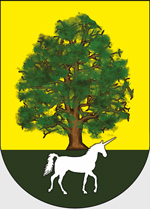 Wappen aus der Stadt Van Arlan: Vor einer prächtigen Eiche steht ein Einhorn.