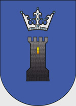 Auf dem Königswappen ist ein Turm unter einer Krone auf blauem Grund zu sehen.