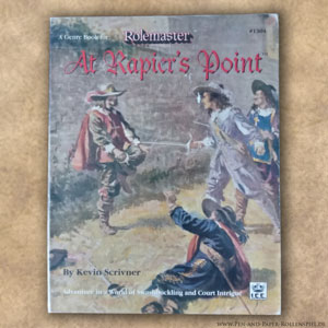 Das Cover von At Rapier’s Point zeigt einen stilisierten Fechtkampf mit Degen – passend zum Genre Mantel-und-Degen.