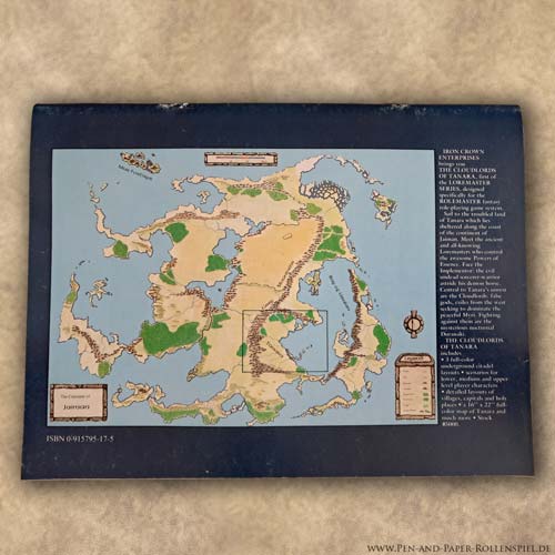 Rückseite von The Cloudlords of Tanara mit einer Karte Jaimans und markierter Region Tanara