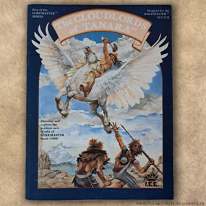 Cover von The Cloudlords of Tanara mit einem auf einem geflügelten Pferd reitenden Cloudlord und zwei bewaffneten Bewohnern Tanaras