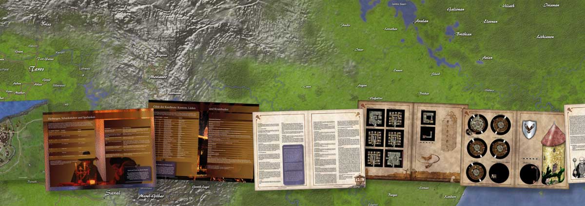 Insellandschaft der Fanorischen Inseln mit überlagerten Seiten aus dem Pen-and-Paper Buch zur Stadt Aran in Teros-Saral – inklusive Gasthaustabelle, Schuldturm, Bibliothek im Wehrturm und Gildensitz
