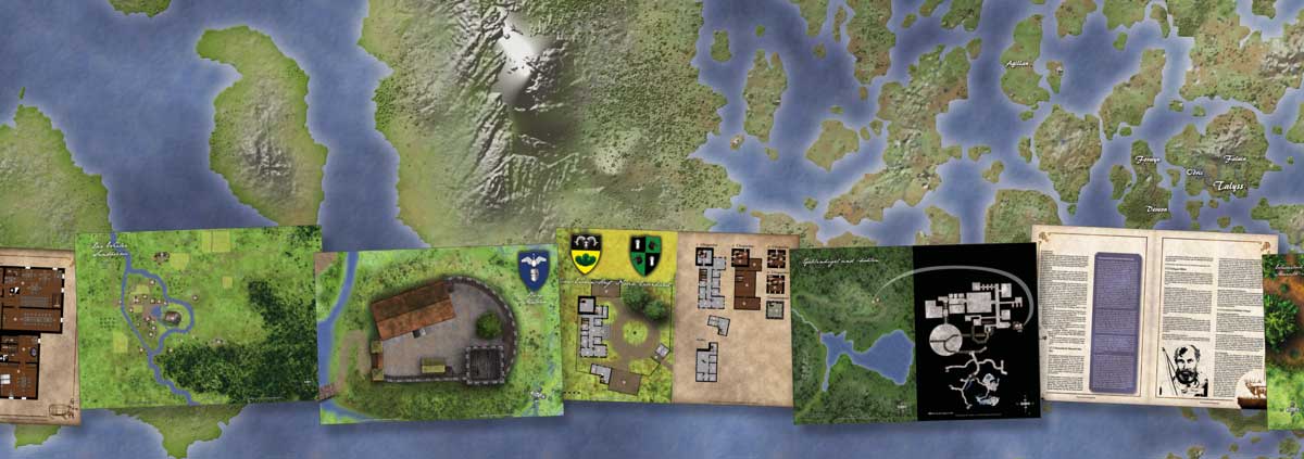 Karte mit Küstenlinie von Teros-Saral und eingeblendeten Buchseiten zu Sandheim: Burg Mathan, Gutshof Drei-Eichen-Hof, Goblinghügel mit Minenkomplex und gesetzlosen Bewohnern von Thains Forst