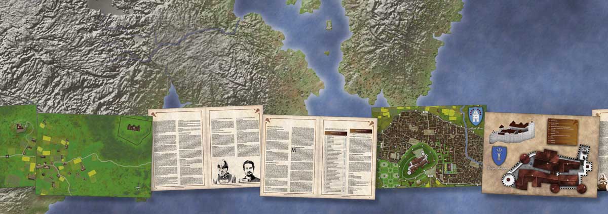 Rollenspiel Karte mit östlichem Belegornland und Küstengewässern; davor platziert: Dorf Garas, Hauptstadt Teros mit Stadtplan, Königsburg und Landsknecht-Illustrationen aus dem Königreich Teros-Saral
