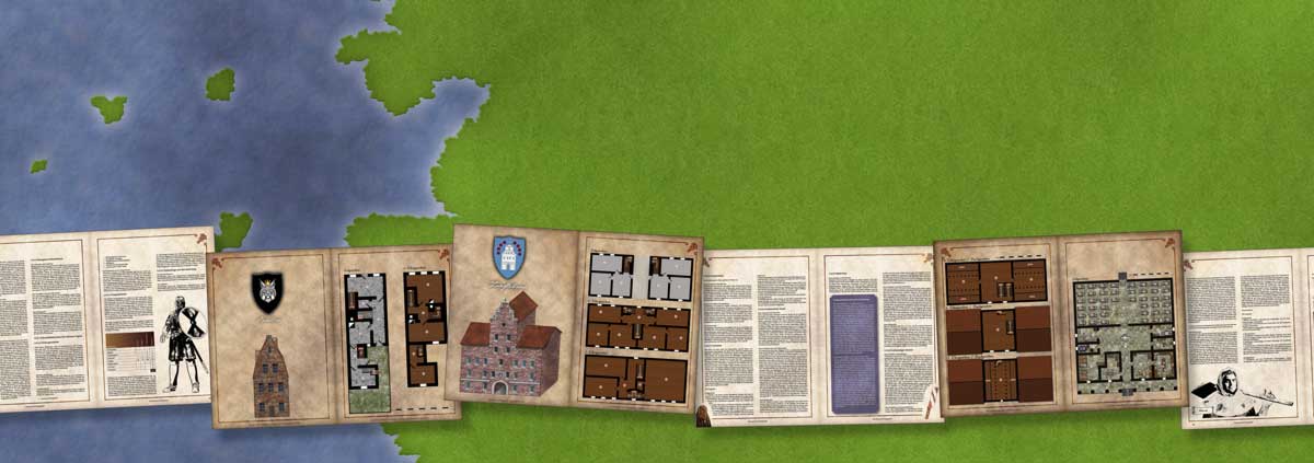 Karte mit Küstenlinie und ungestaltetem Sandbox-Gebiet; darüber reihen sich Doppelseiten aus Das Buch der Königreiche aneinander: Schwarze Legion, Gebäudepläne aus Teros – Zünftehaus, Gästehaus eines Adligen, Gerichtshof, Totenhaus und Leichenträger Almund