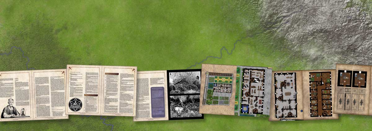 Karte mit Fluss, Wald, Ebene und Gebirgsausläufern einer unbewohnten Sandbox-Region im Fond; eingeblendet: Heilergilde in Teros mit Gebäudeplänen, Gildenwappen, Illustrationen und Kanzler der Universität