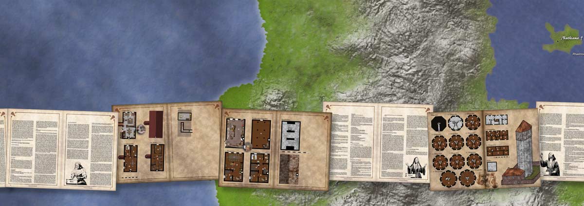 Karte für das Pen-and-Paper Rollenspiel mit Binnenmeer und versunkener Hauptstadt Nathiana auf einer Insel im Bildhintergrund; eingeblendet: Magiergilde, Kristallmagier, Töpferei und Illustrationen verbrecherischer NSC in Teros-Saral