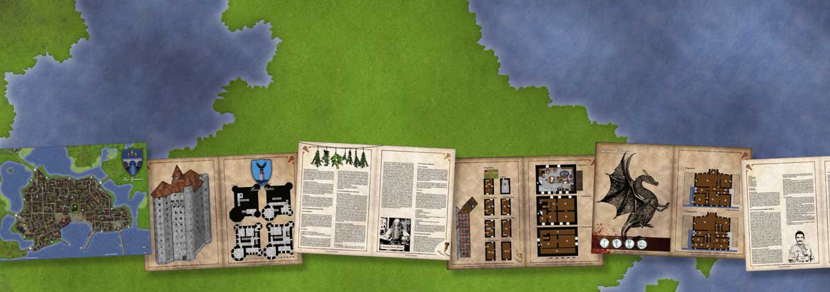 Karte eines ungestalteten Kontinents (Pen-and-Paper Sandbox); darüber platzierte Seiten: Stadtkarte Tar-Garvon, Stadtburg, NSC Gorum Brilan, Nobelherberge Patrizierhof und Silberner Drache