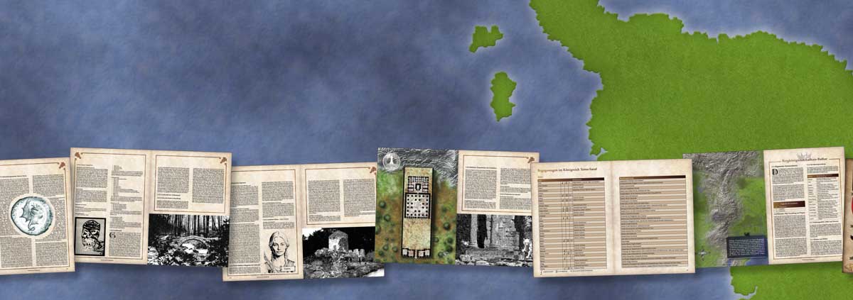 Karte eines ungestalteten Kontinents (Sandbox Rollenspiel Abenteuer); eingeblendet: Ruinen im Luthwald, Waldläuferin, Tempelplan, Monster und NSC-Tabellen aus Teros-Saral