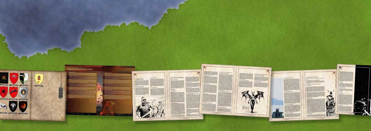 Karte eines ungestalteten Kontinents (Sandbox); eingeblendet: Wappen, Ereignistabelle, Bergkrieger und Kreaturen wie Dämon, Hexe und Minotaurus aus dem frostigen Bergkönigreich Luthaís-Bathar