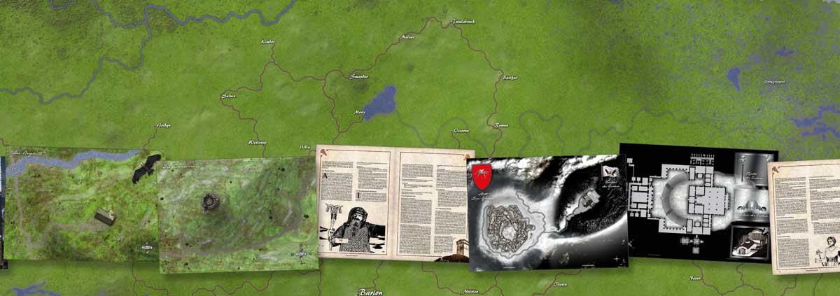 Karte des Königreichs Barrendyn mit Sumpfregion Sorwynland; eingeblendet aus der PnP Spielhilfe: Battle Maps aus dem eisigen Luthaís-Bathar – Berghütte, Turmruine, Hauptstadt Lorn-Gharak und Tempel der Eishexe