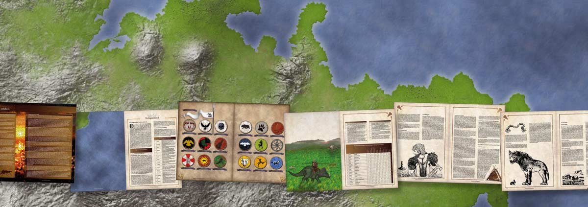 RPG Karte mit Hochgebirge und gebirgiger Küstenlinie, überlagert von Buchseiten zum Belegornland: Wappen der Clans, Sarik-Reiter, Belegorner Barbar, Galadhras-Steppenpferde, Monster Legias und Ustnadocs aus den Xaviter Hügeln