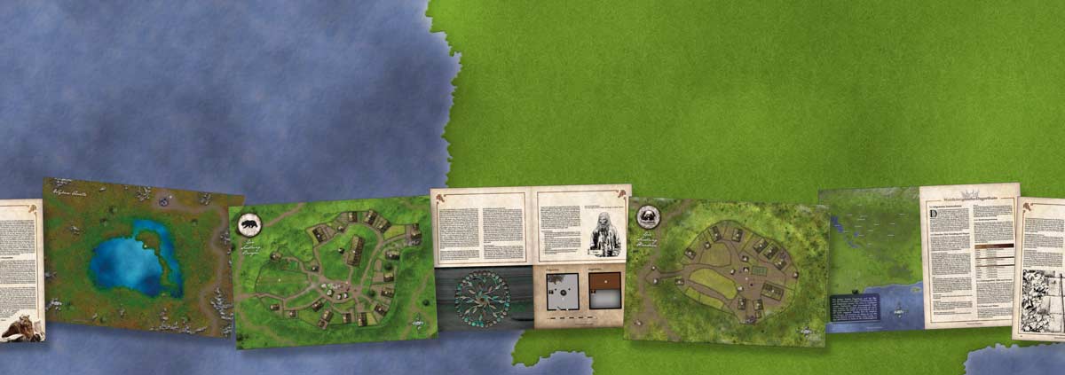 Karte mit Meer und Sandbox-Kontinent, überlagert von Buchseiten zum Belegornland: Battle Map von Wyburs Quelle, Dorfkarte von Burgai, Illustration des Schamanen Gwylim