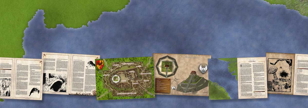 Karte mit Meer und Sandbox-Kontinent, überlagert von Buchseiten zu den Waldkönigreichen Dagorthans: Stadtplan Alianvar, Tempelpyramide des Falkengottes Asfaleth, Falkenkrieger-Helm, Waldläuferin mit Blasrohr, Waldriese aus Thorns Wald