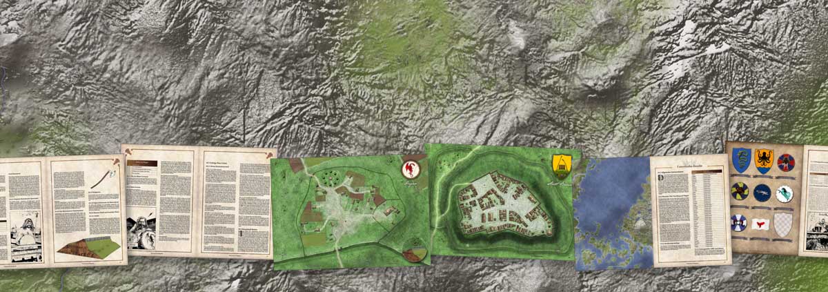 Karte eines ausdehnten Hochgebirges (Sandbox) mit überlagerten Buchseiten zu Speerwerfer, Palisadenwall, Birket Gwenym und Fanorischen Wappen