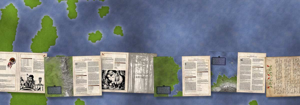 Karte leerer Inseln mit Seiten aus der Pen-and-Paper-Rollenspiel Spielhilfe Das Buch der Königreiche über die Reiche Arathan, Imladis, Erryndain und Kervalas – Sklavenhandel, Tverog, Landkarten und Abenteuer-Handout