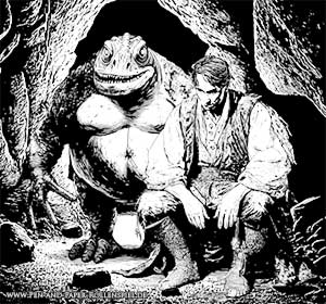 Nicht-menschliches Wesen hinter einem zusammengesunkenem Sklaven in einer Höhle